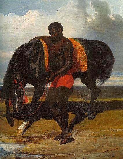 Africain tenant un cheval au bord d'une mer, Alfred Dedreux